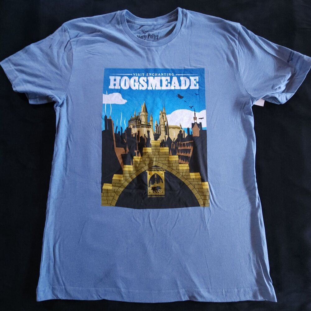 Enchanting Hogsmeade Mens Short Sleeve Shirt L Blue Wizarding World Harry Potter